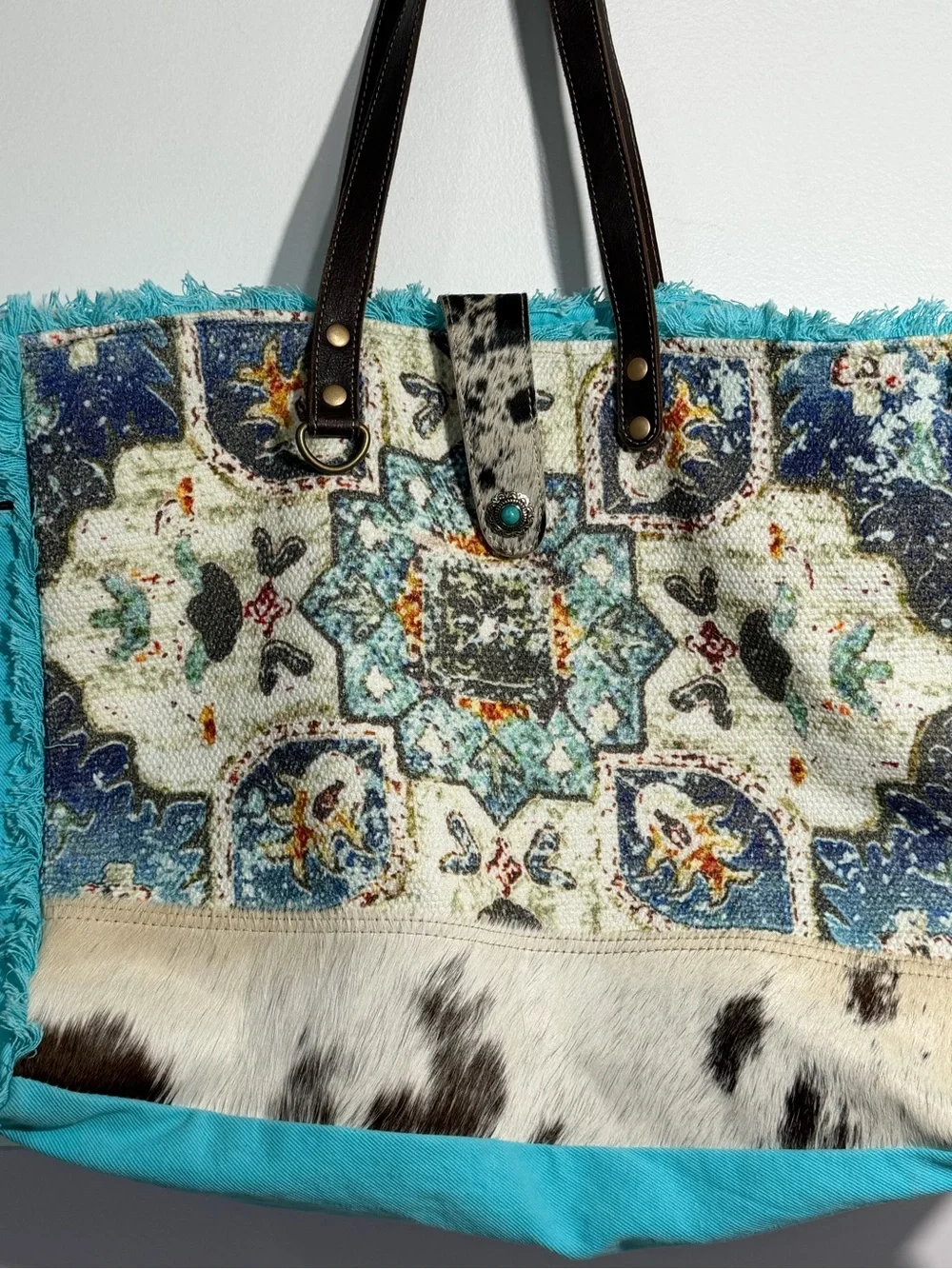 Myra Bag Turquoise Patterned Tote Bag with Calf Hair Accent